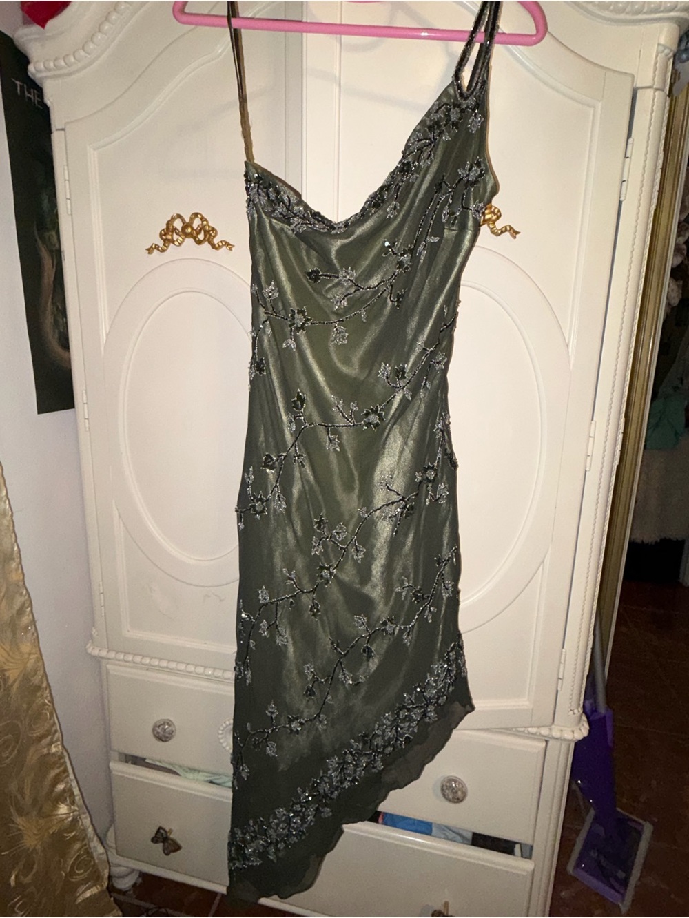 Vintage forest green silk beaded scala asymmetrical dress - Picture 2 of 10